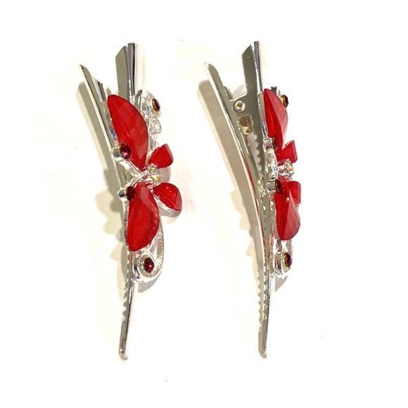 Updo Hair Clips Set of 2 Silver Tone Red Butterflies 3” - Picture 2 of 4